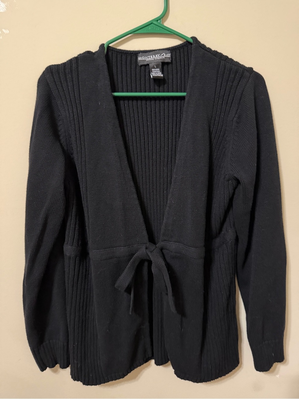 vintage Monterey Bay Black Ribbed Tie-Front Cardigan large cotton grandma core